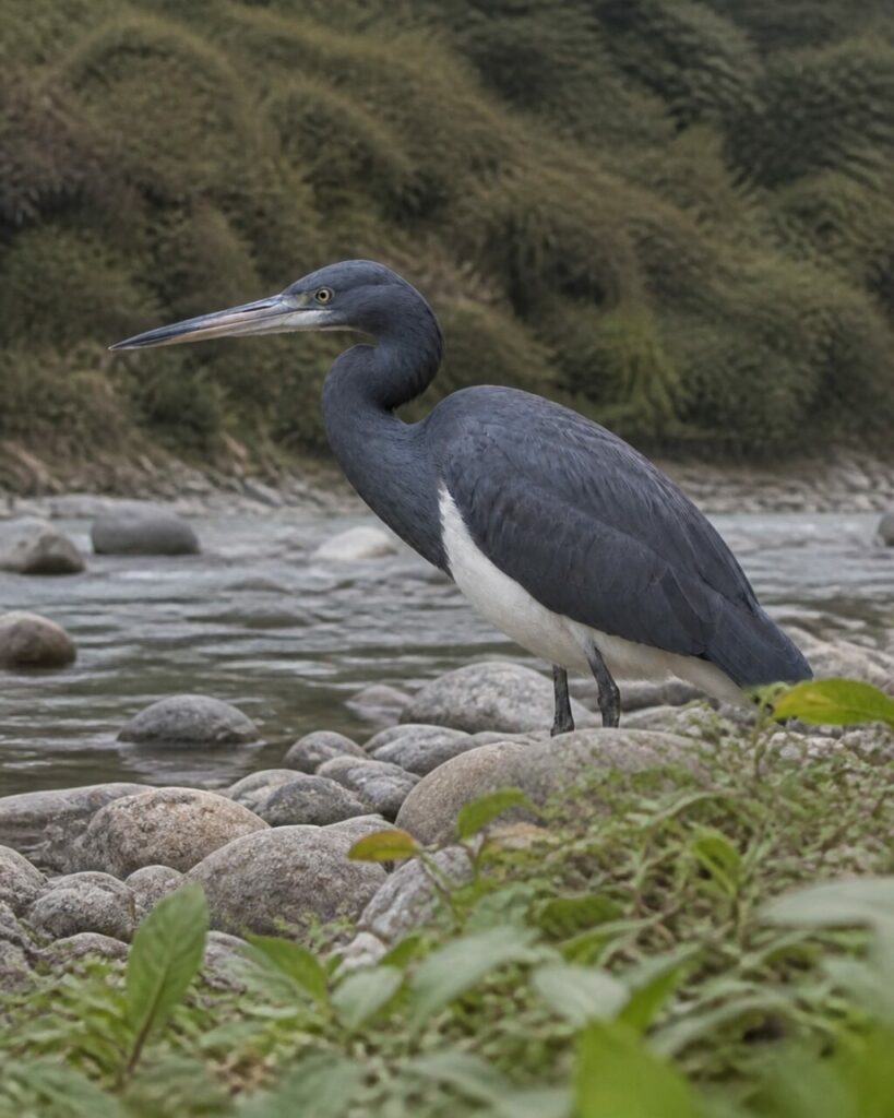 Dunkler Schnabel über kiesigem Ufer — Kaiserreiher