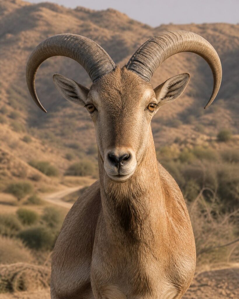 Gerillte Bögen rahmen fahlbraune Stirn — Urial