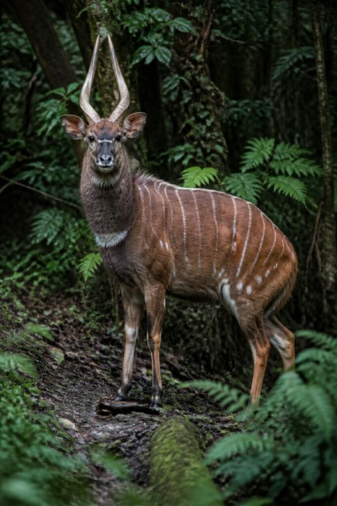 Helles Brustband auf regennassem Waldboden — Bongo