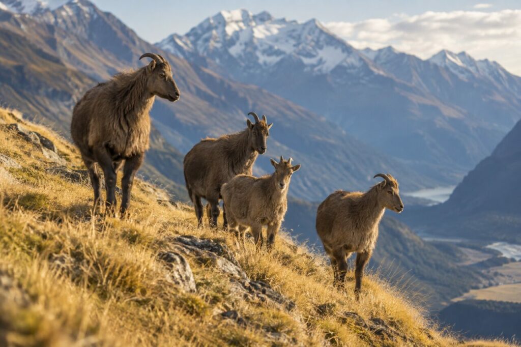 Tahr de l’Himalaya des hautes pentes — a small group on a golden slope