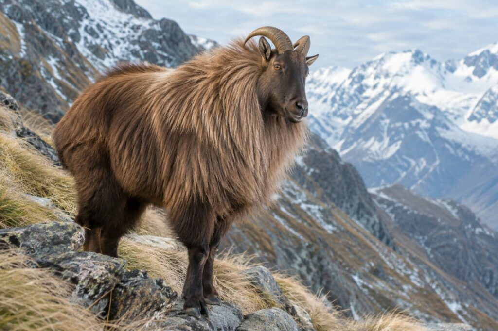 Tahr de l’Himalaya des hautes pentes — close portrait with a thick chestnut coat