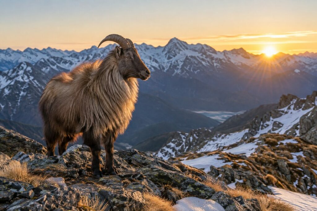 Tahr de l’Himalaya des hautes pentes — near snow patches at sunrise