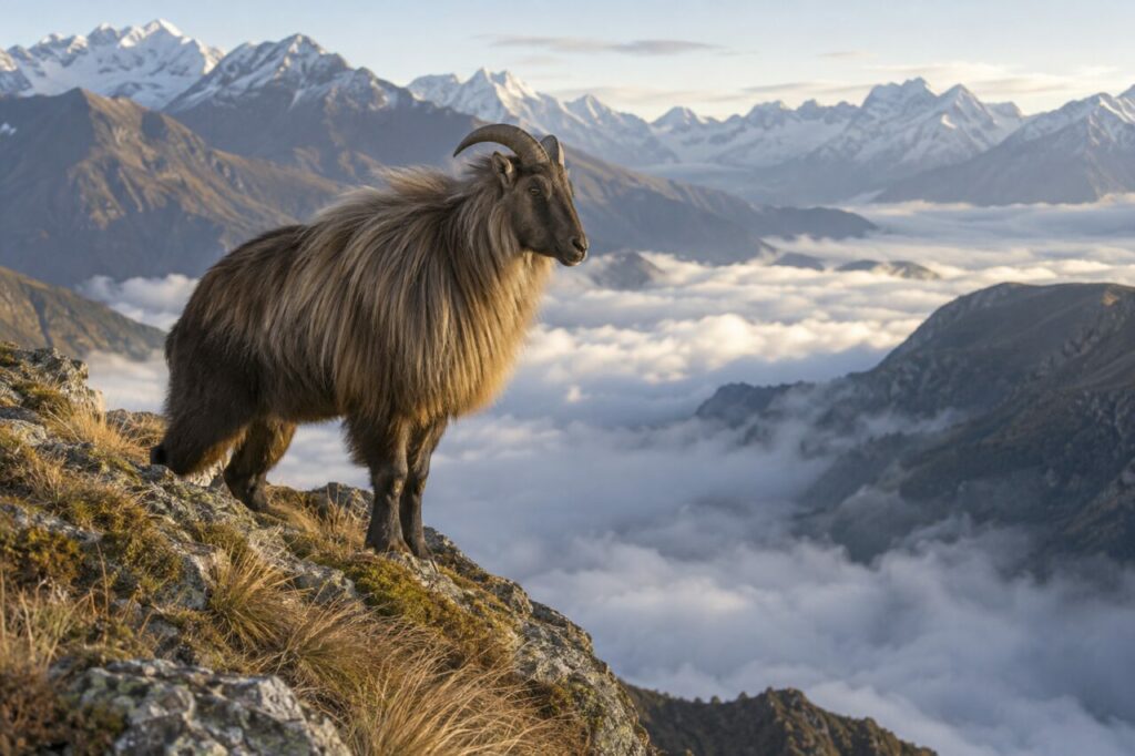 Tahr de l’Himalaya des hautes pentes — standing above a cloud-filled valley