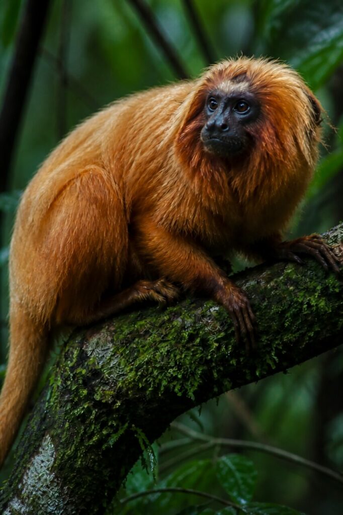 Fourrure dorée détrempée encadrant le masque noir aux yeux vifs — Tamarin-lion à face noire