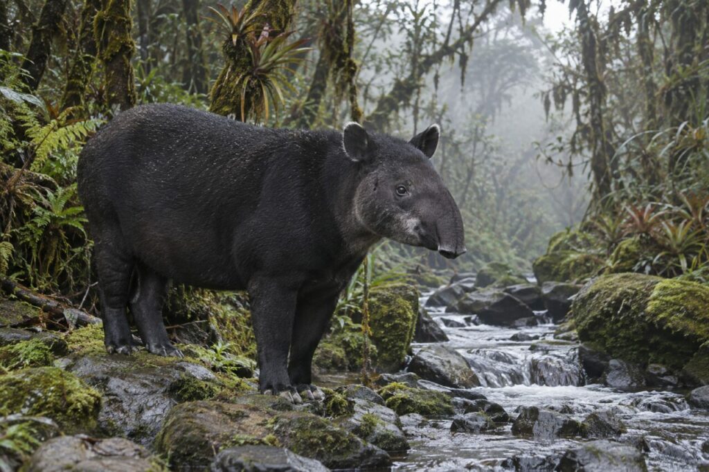 Ruisseau andin et tapir des montagnes Tapirus pinchaque