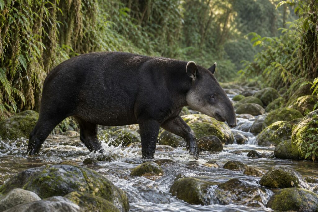Ruisseau clair et tapir des montagnes Tapirus pinchaque