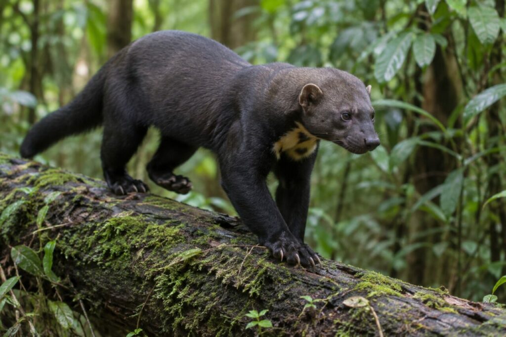 Tayra sombre avançant sur un tronc tombé couvert de mousse