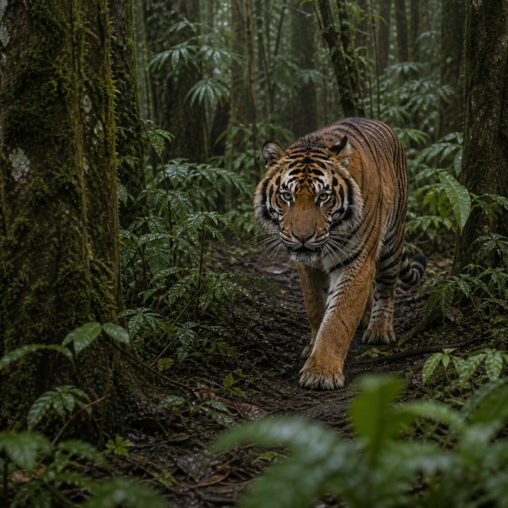 Passo deciso tra foglie lucide sul sentiero stretto — Tigre di Sumatra