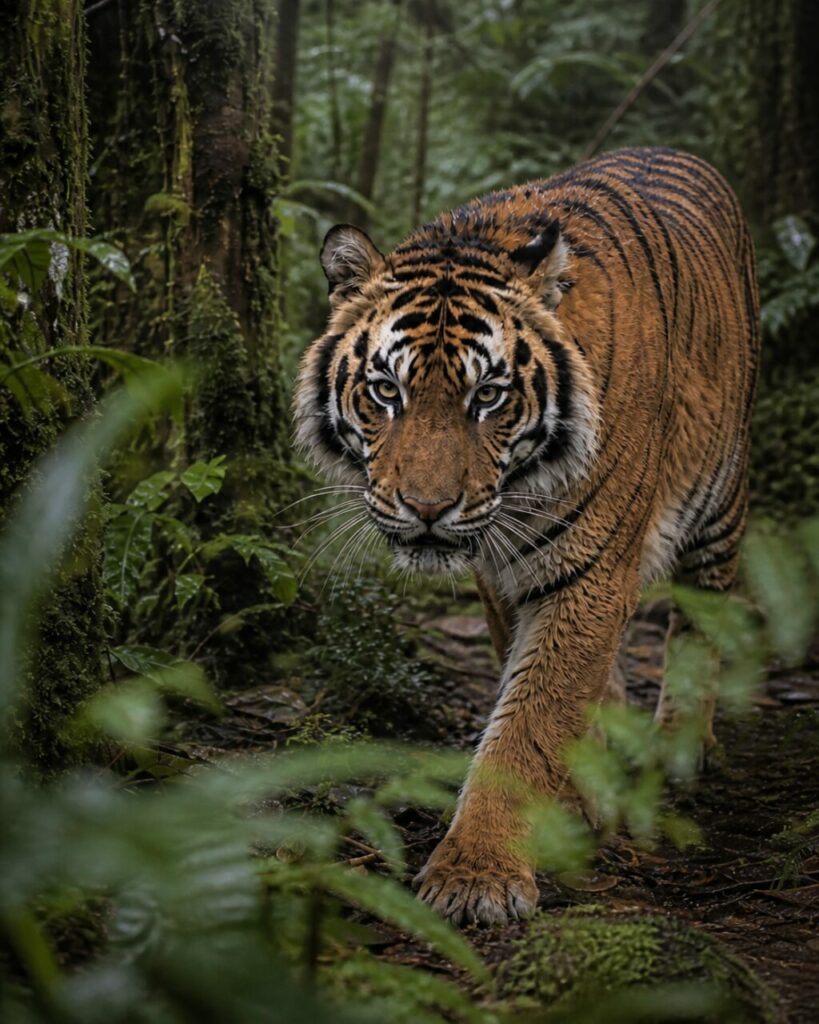 Tigre fradicia avanza sul sentiero fra alberi coperti di muschio — Tigre di Sumatra