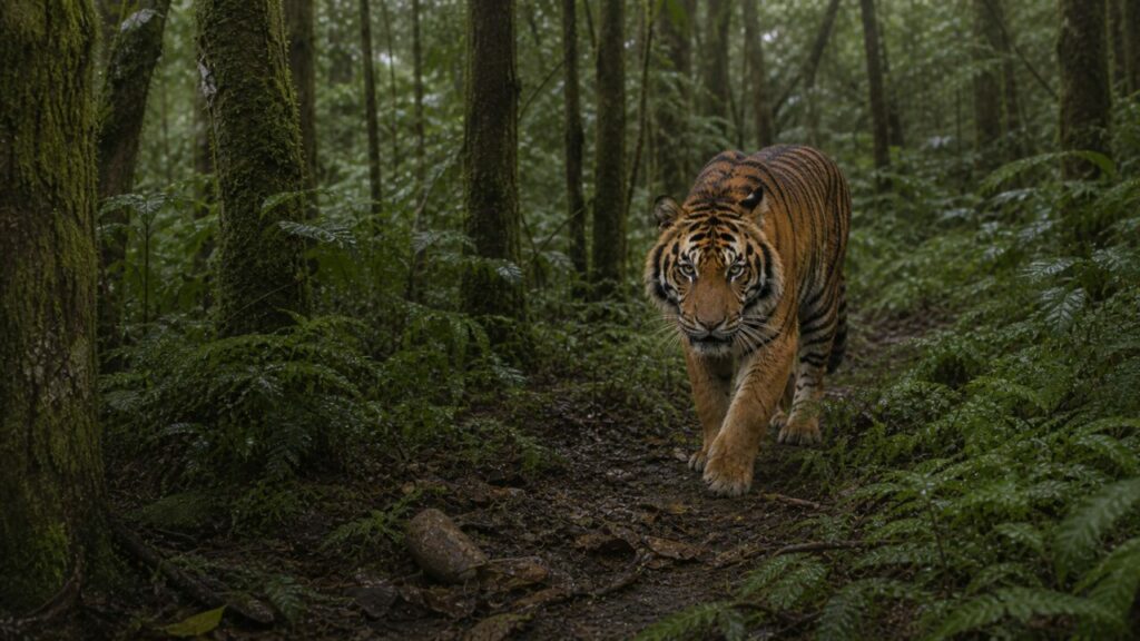 Sentiero scuro conduce alla tigre fra la vegetazione umida — Tigre di Sumatra