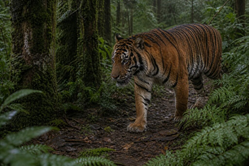 Vicino a un tronco muschioso, la tigre segue la pista bagnata — Tigre di Sumatra