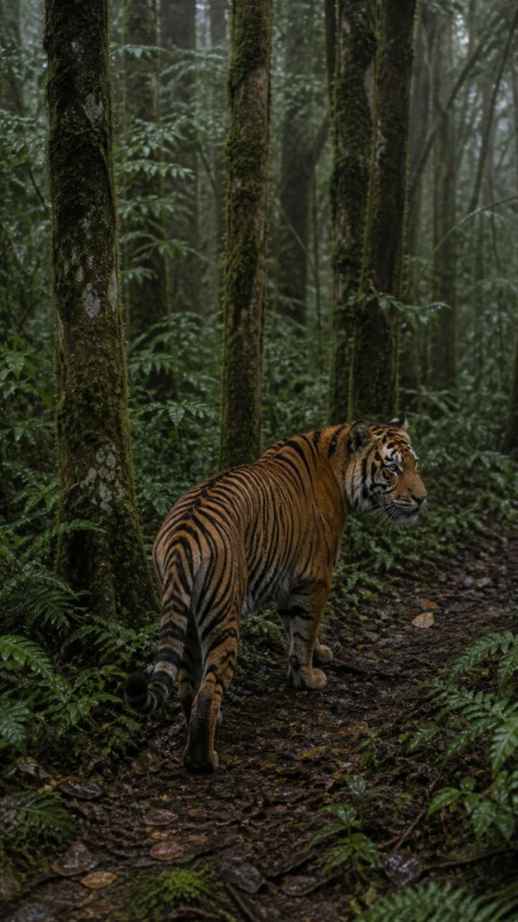 Allontanandosi, la tigre si volta con la coda sollevata in curva — Tigre di Sumatra