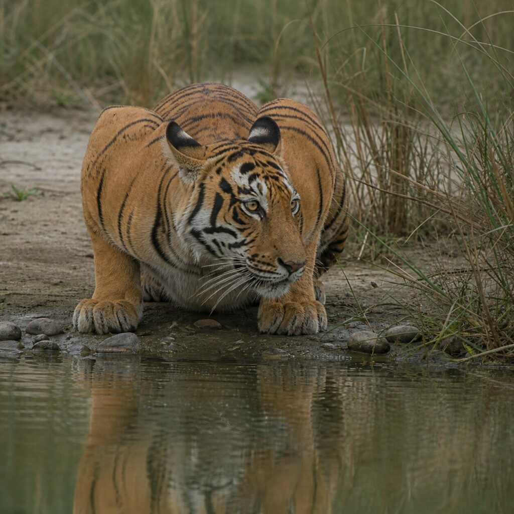 Accovacciata vicino allʼacqua, la tigre osserva i canneti — Tigre del Bengala