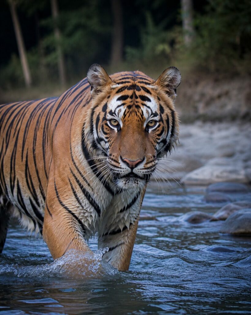 Sguardo fisso davanti a sé, la tigre fende la corrente — Tigre del Bengala