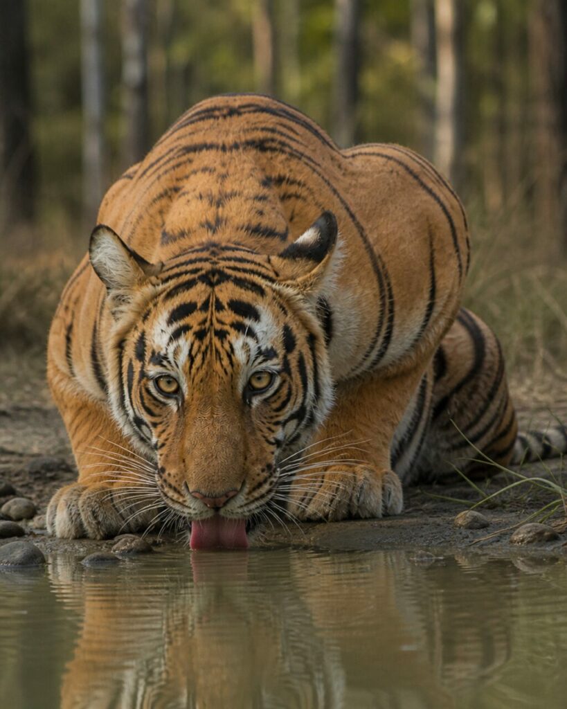 Lingua della tigre sfiora lʼacqua ferma — Tigre del Bengala