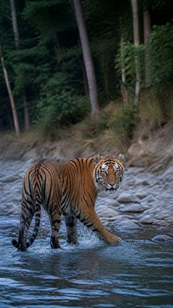 Acqua sollevata dalla zampa della tigre che si volta verso la riva — Tigre del Bengala