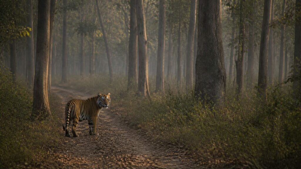 Sagoma lontana su una pista dorata — Tigre