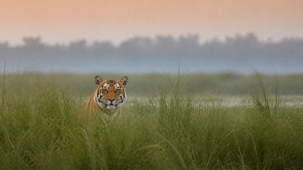 Palude erbosa con una tigre lontana — Tigre