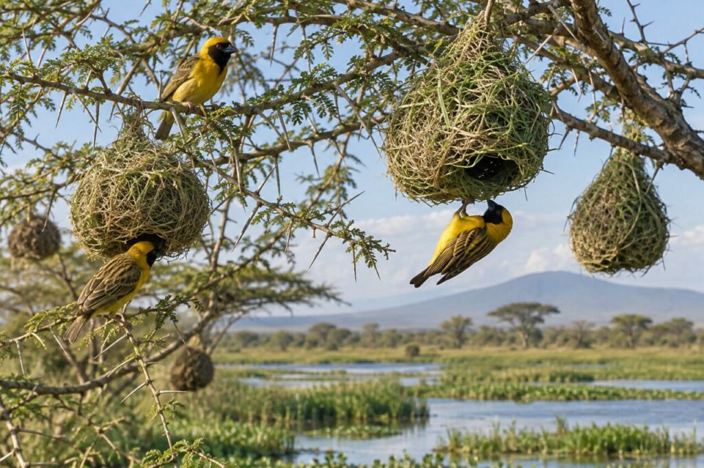 Dorfweber in afrikanischen Feuchtgebieten — a small colony in an acacia tree