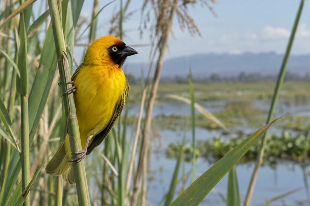 Dorfweber in afrikanischen Feuchtgebieten — clinging to a reed beside a wetland
