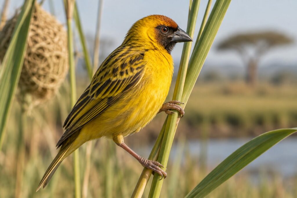 Dorfweber in afrikanischen Feuchtgebieten — close profile with golden plumage