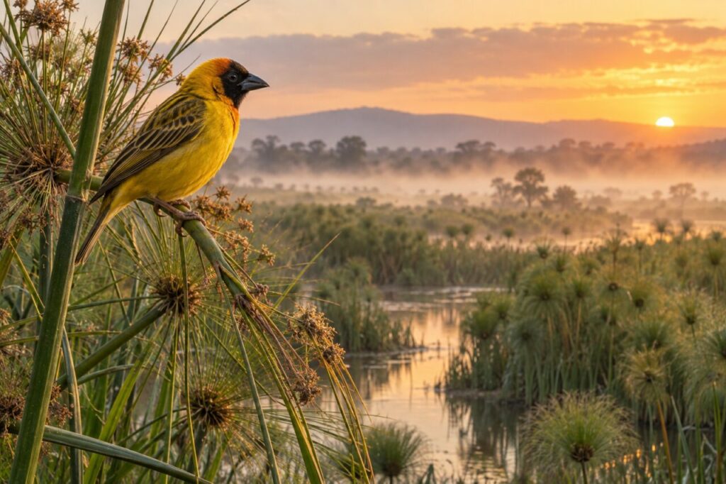 Dorfweber in afrikanischen Feuchtgebieten — perched above a papyrus marsh at sunrise
