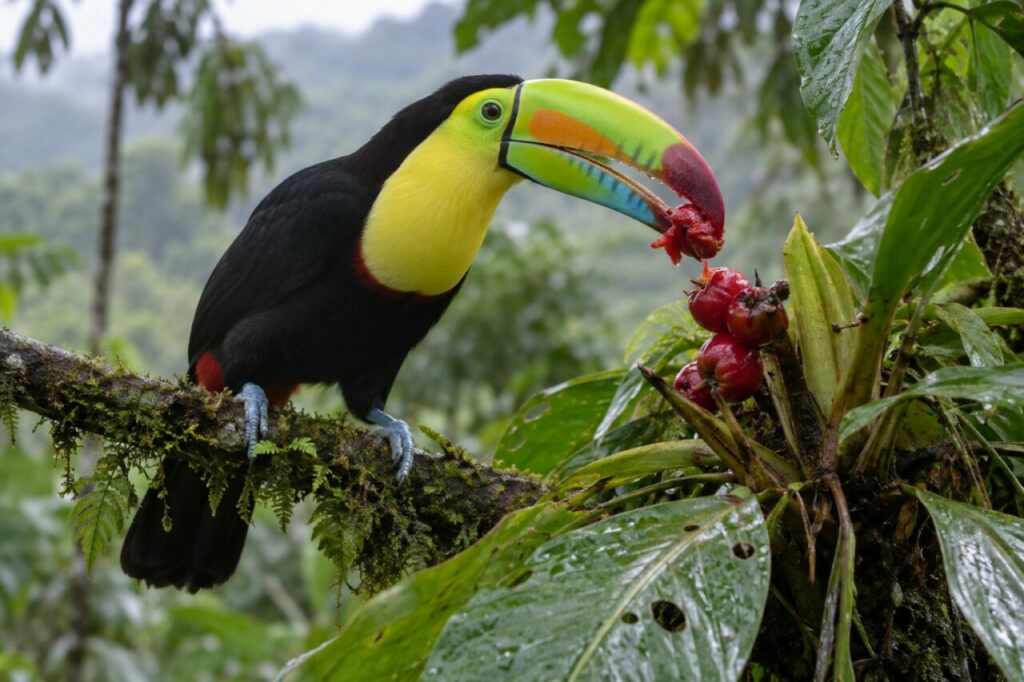 Keilschnabeltukan im Regenwald — feeding on a red tropical fruit