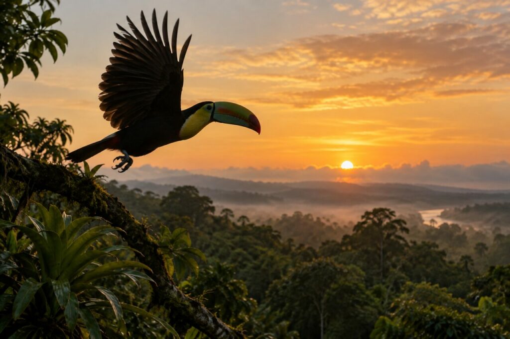 Keilschnabeltukan im Regenwald — in silhouette above the jungle canopy
