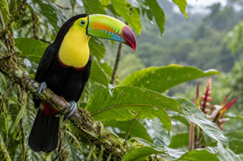 Keilschnabeltukan im Regenwald — perched among broad rainforest leaves