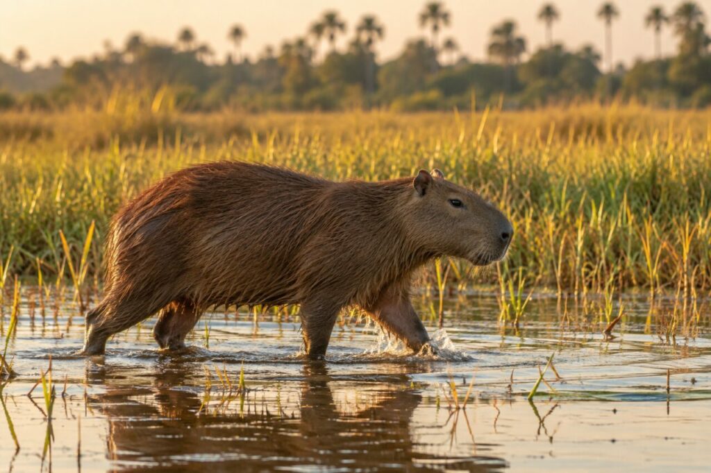 À travers le marais — capybara (Hydrochoerus hydrochaeris) traversant une eau peu profonde entre les herbes dorées