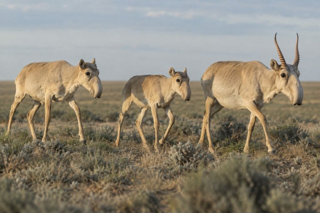Trois saïgas sur une vaste plaine herbeuse, un mâle cornu avec deux animaux sans cornes