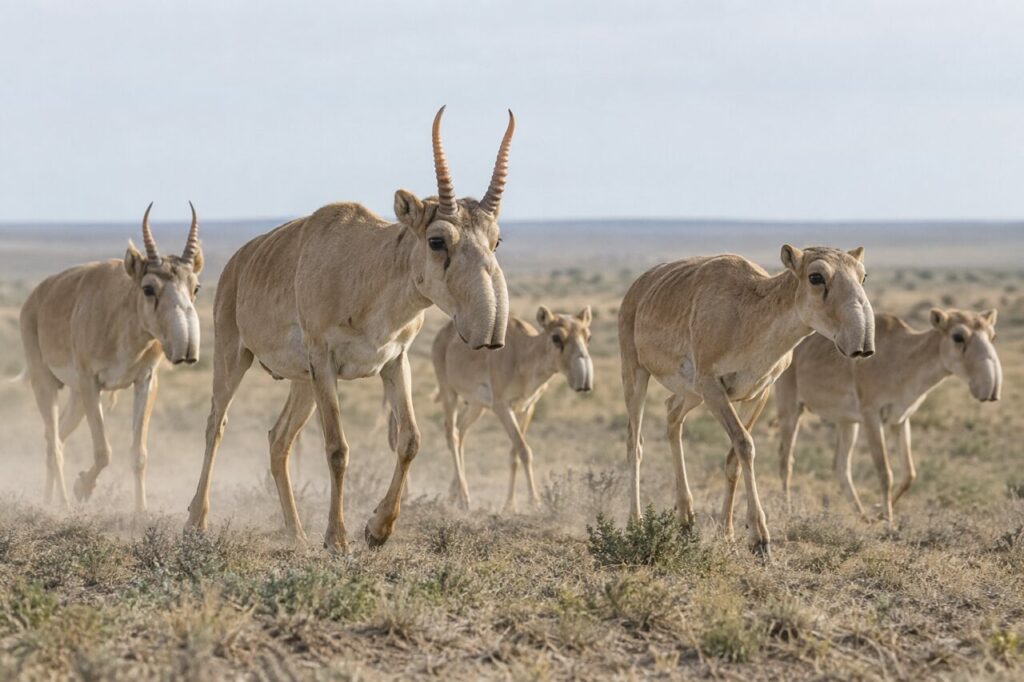 Troupeau de saïgas en déplacement sur une steppe poussiéreuse