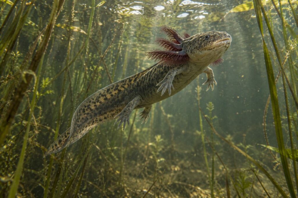 Un axolotl sauvage monte entre les roseaux vers la lumière