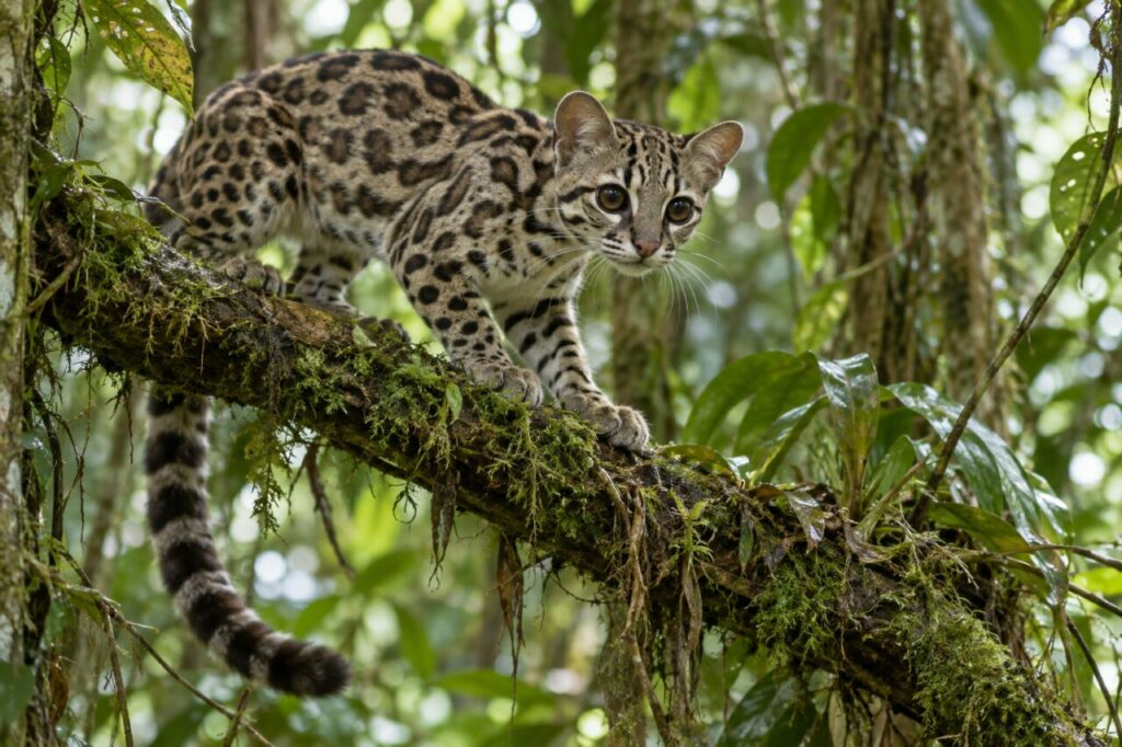 Un margay tacheté sur une branche couverte de mousse