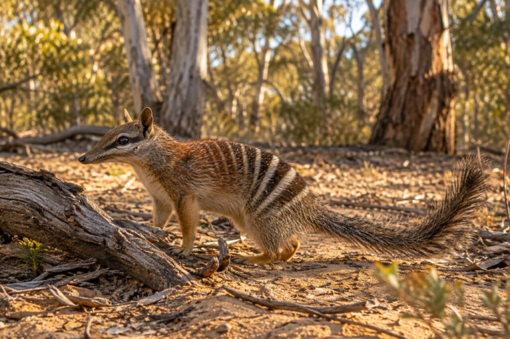 Un numbat traverse la clairière dorée du bush australien