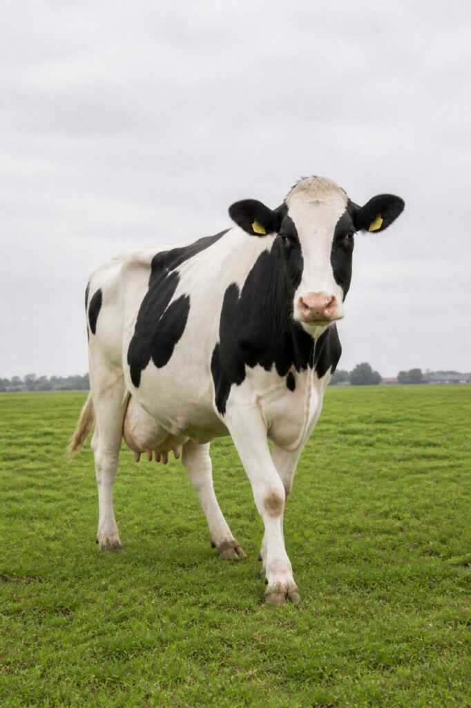 Vache Holstein-Friesian adulte en angle bas dans une prairie laitière de la Frise, Pays-Bas