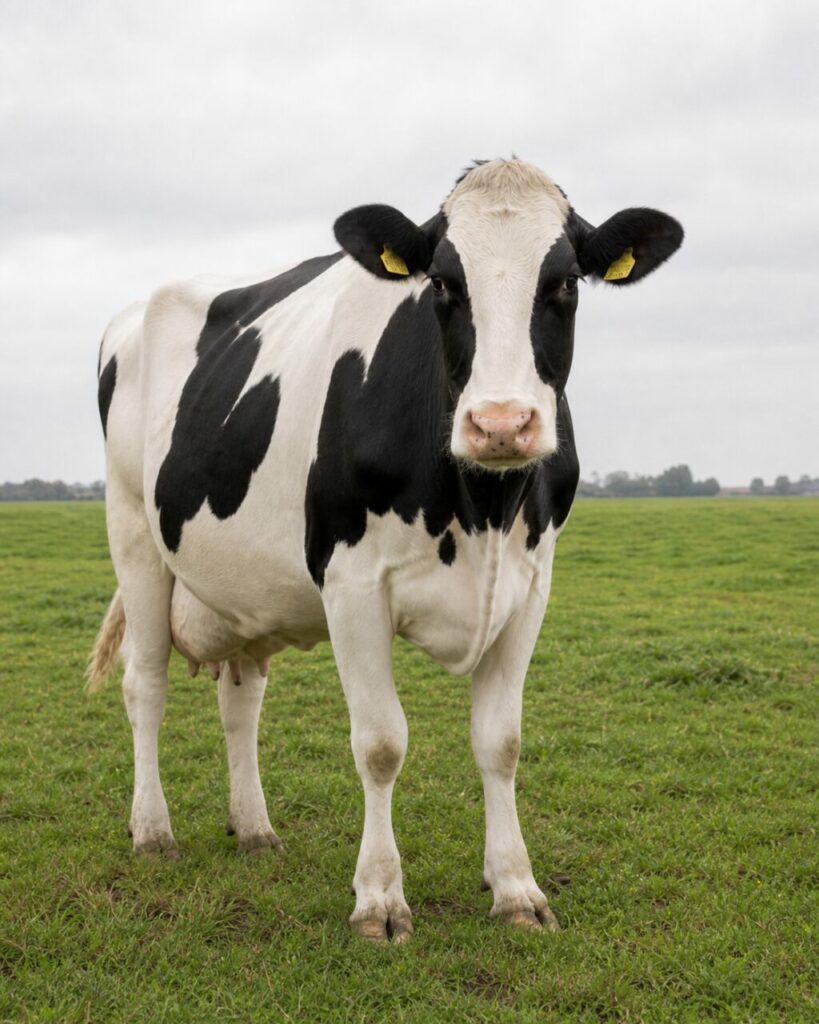 Vache Holstein-Friesian adulte en portrait vertical dans une prairie laitière de la Frise, Pays-Bas