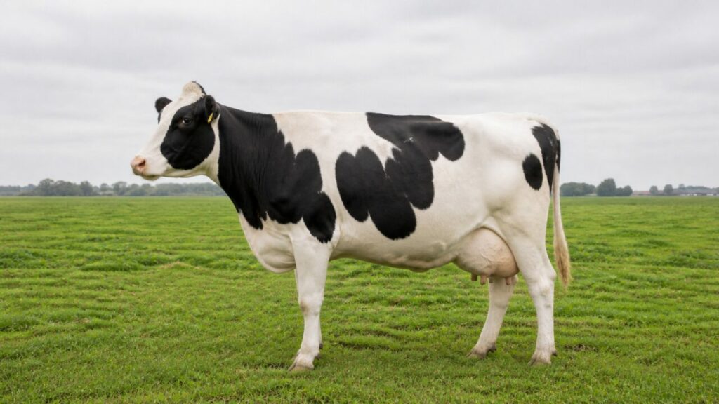 Vache Holstein-Friesian adulte en profil horizontal dans une prairie laitière de la Frise, Pays-Bas