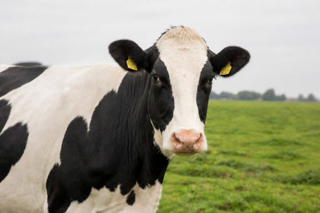 Vache Holstein-Friesian adulte en trois-quarts rapproché dans une prairie laitière de la Frise, Pays-Bas