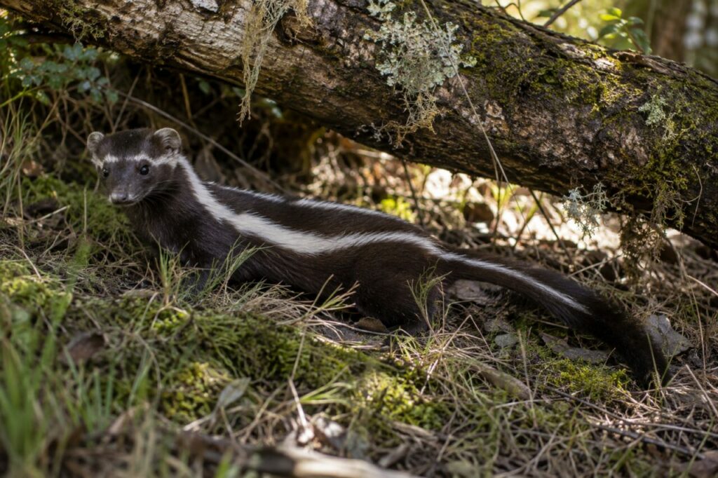 Veille de La belette rayée africaine dans le sous-bois sous une branche tombée