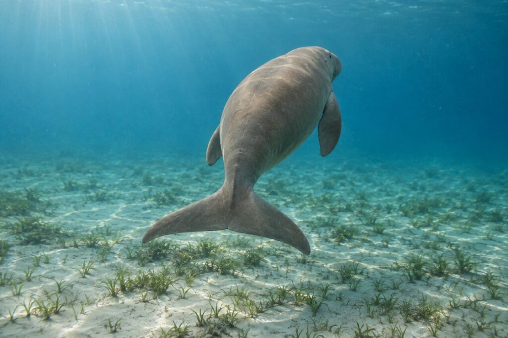 Vers un fond sableux, le dugong Dugong dugon descend dans l’eau claire
