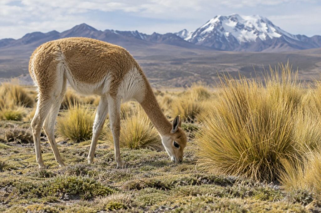 Vicunha andina — grazing beside golden tussocks