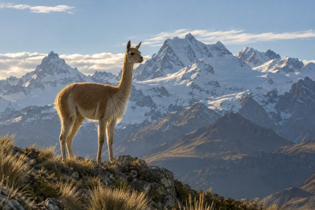 Vicunha andina — silhouetted before snowy peaks