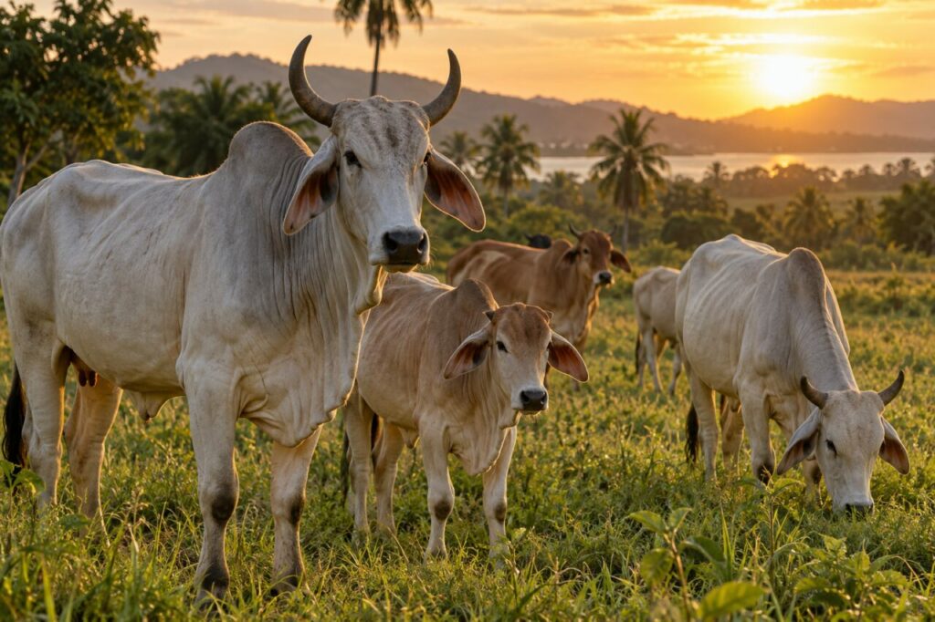 Zebu cattle — a small herd at golden hour