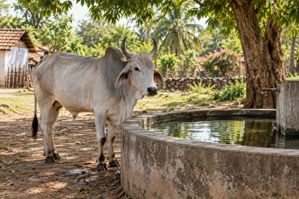 Zebu cattle — near a quiet village water trough