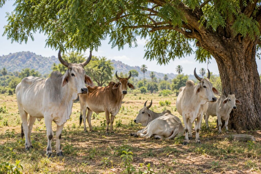 Zebu cattle — standing beneath a broad neem tree