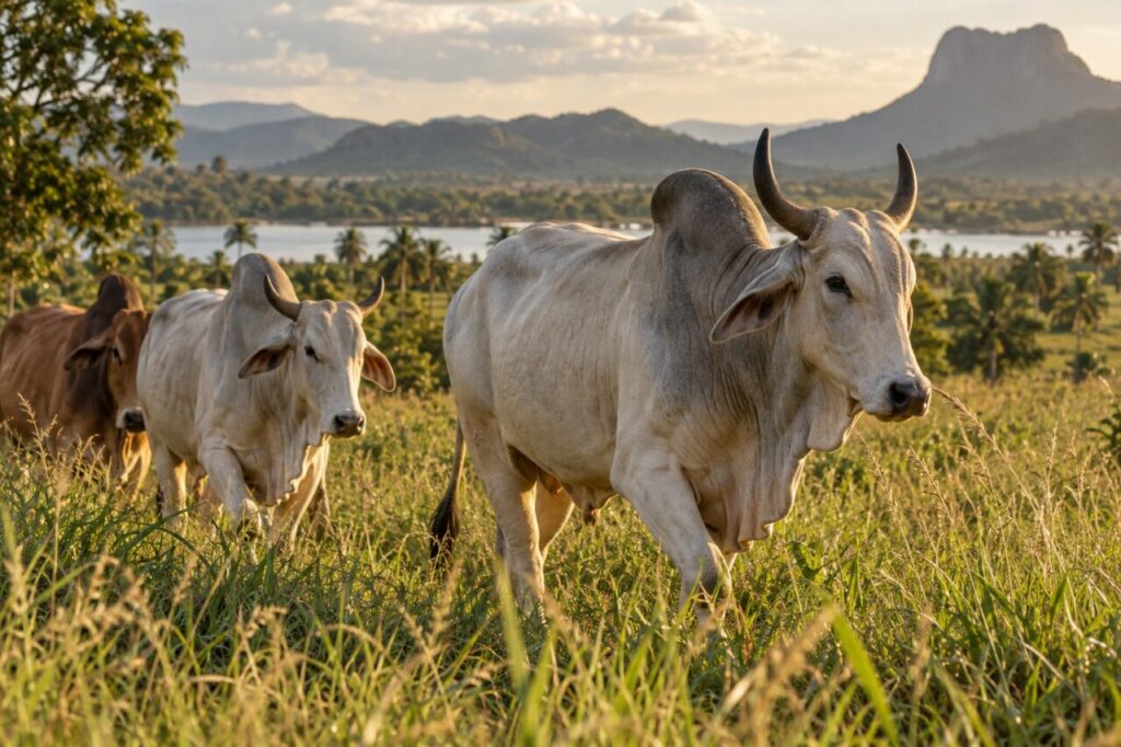 Zebu cattle — walking through tall tropical grass